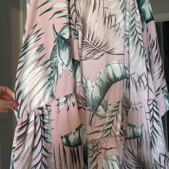 Summer Vacation Pink & Green Leaf Print Kimono Bathing Suit Pool Cover Up - Picture 4 of 7